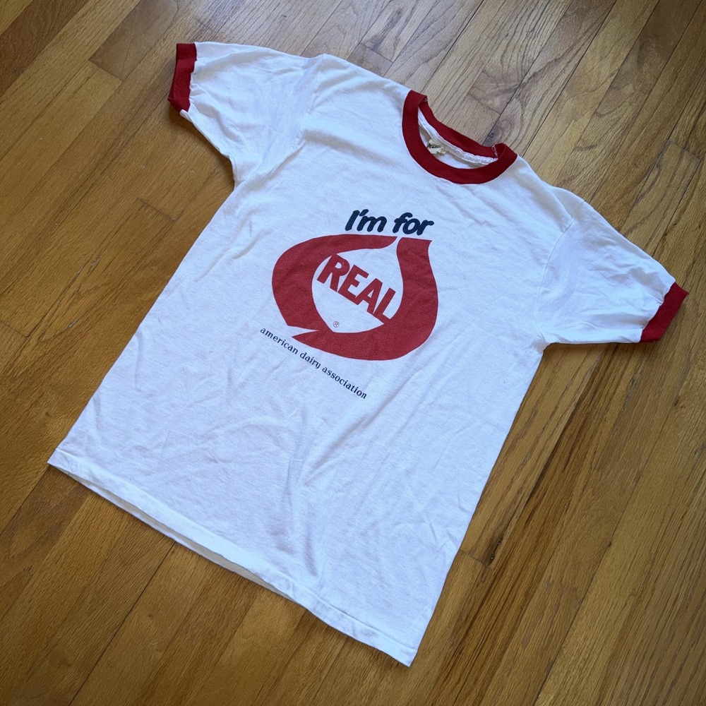Vintage Screen Stars Shirt Mens L White Ringer I'm For Real Dairy Promo 80s‎ Tee - Picture 6 of 11